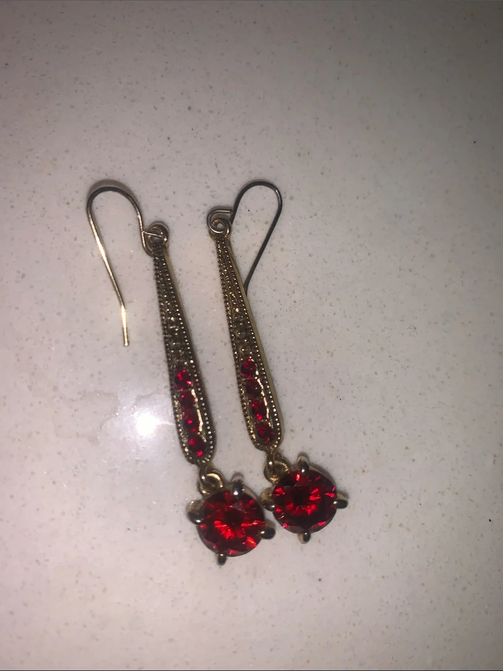 Gold-Tone Drop Earrings with Red Stones